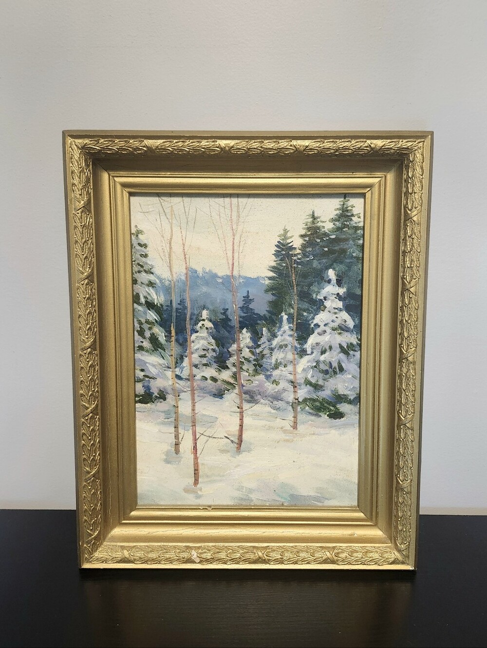 Winter Landscape Painting in Ornate Gold Frame size 17.5 X 13.5